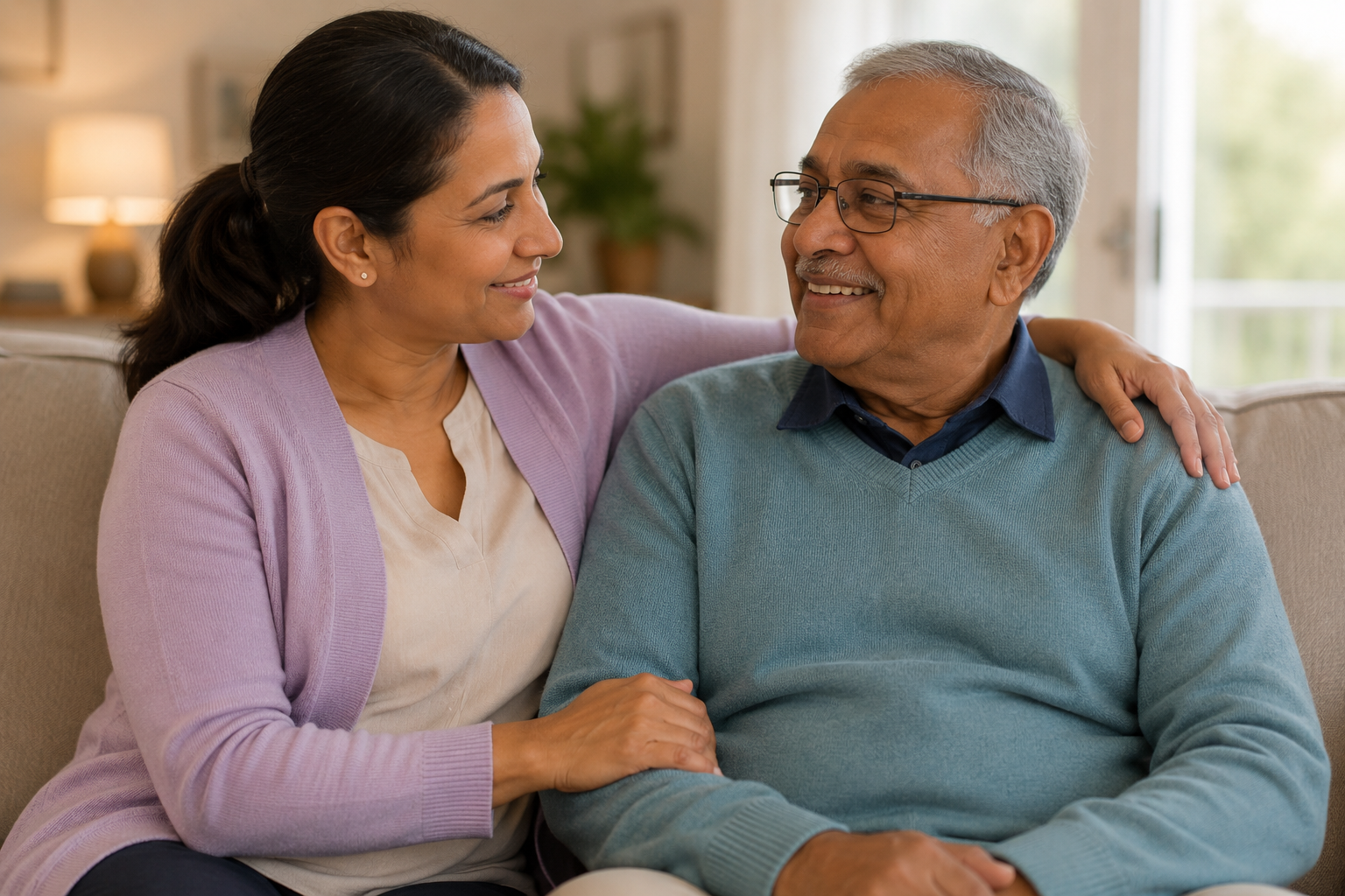 A daughter sitting close to her father on the couch at home, her arm around his shoulder as they smile at each other